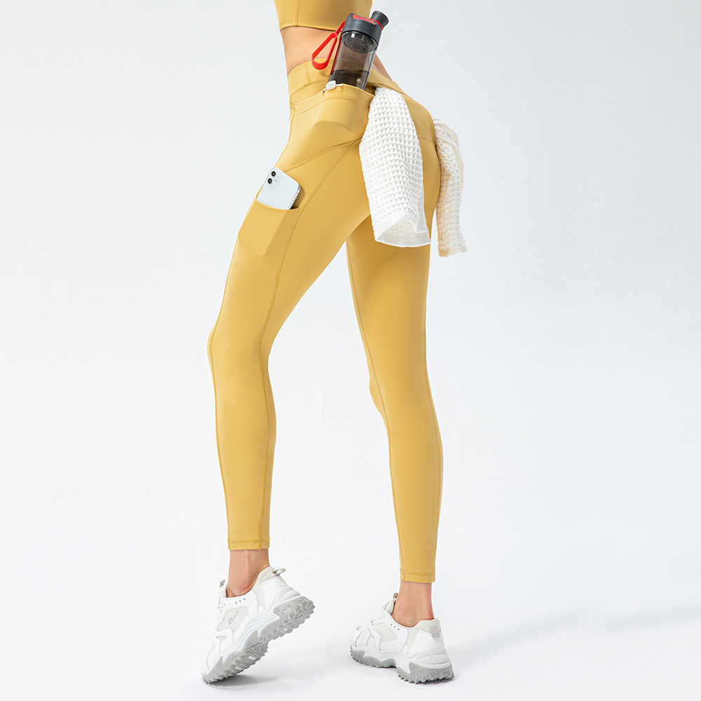 New Spring/Summer Women's Nude Yoga Pants with Towel Buckle, High-Waisted Running Pants, Multi-Pocket Fitness Pants