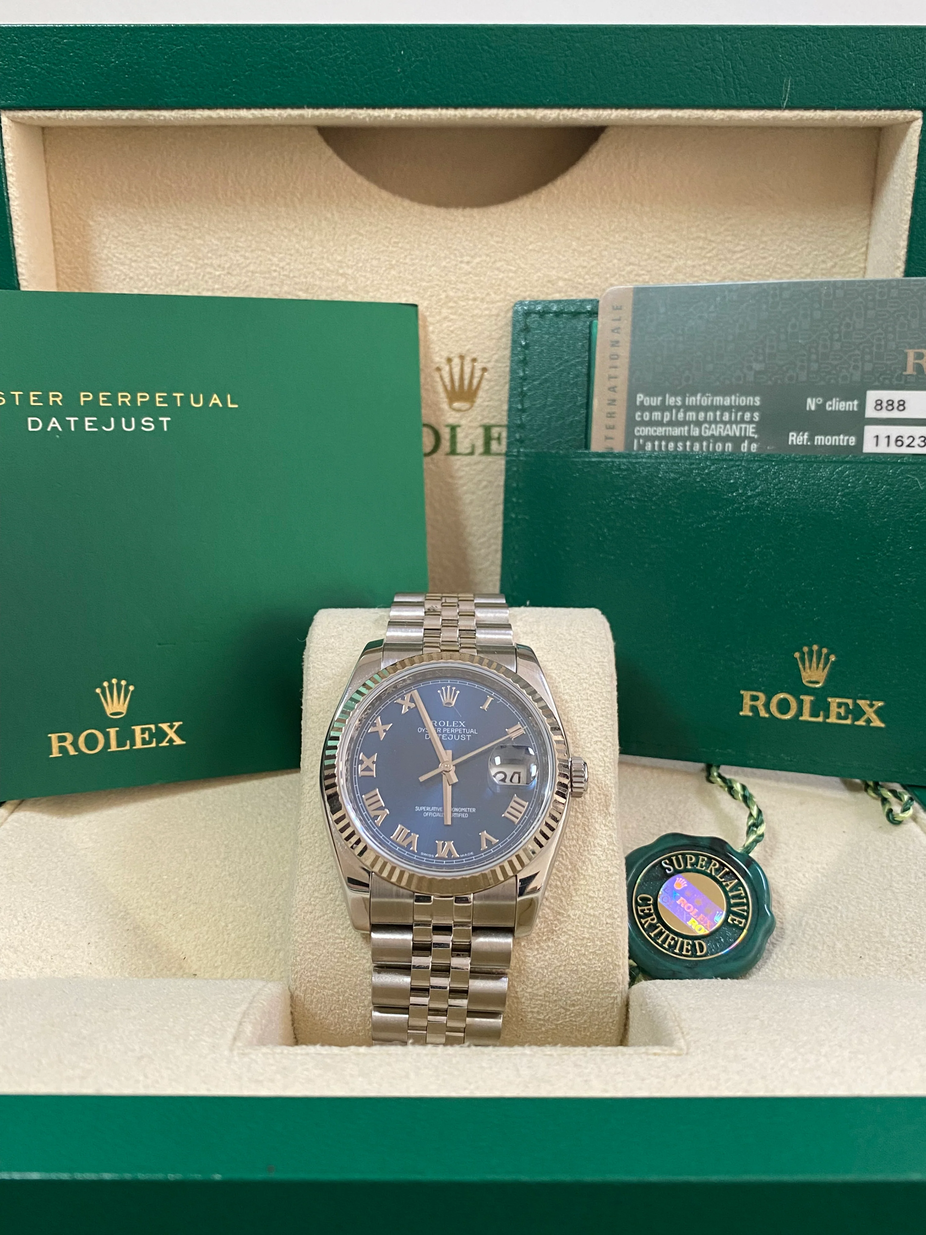 Rolex Steel Datejust 36 - 2007 - Fluted Bezel - Blue Roman Dial - Jubilee Bracelet - 116234