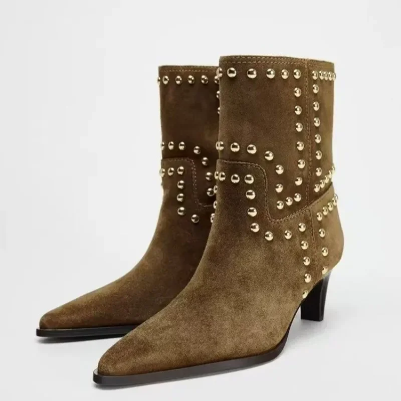 Spring/Autumn 2026 New Retro Women’s Shoes Brown Studded Suede Thin Heel Pointed Toe Booties Knight Boots