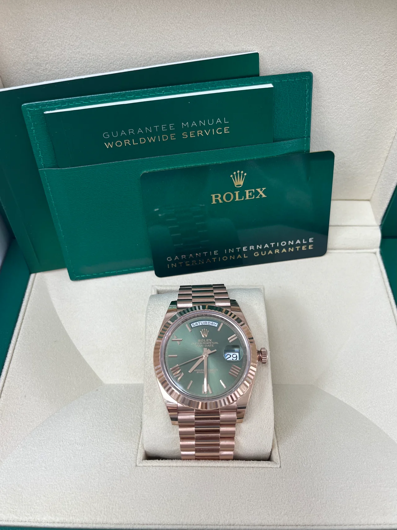Rolex Day Date 40 18k Everose Gold Olive Green Dial m228235 0025 40mm