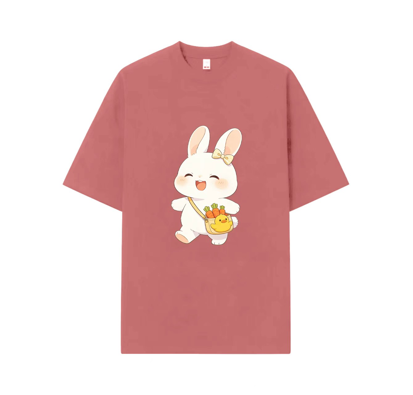 A cute and adorable short-sleeved shirt with a smiling rabbit print – a must-have for summer outfits.