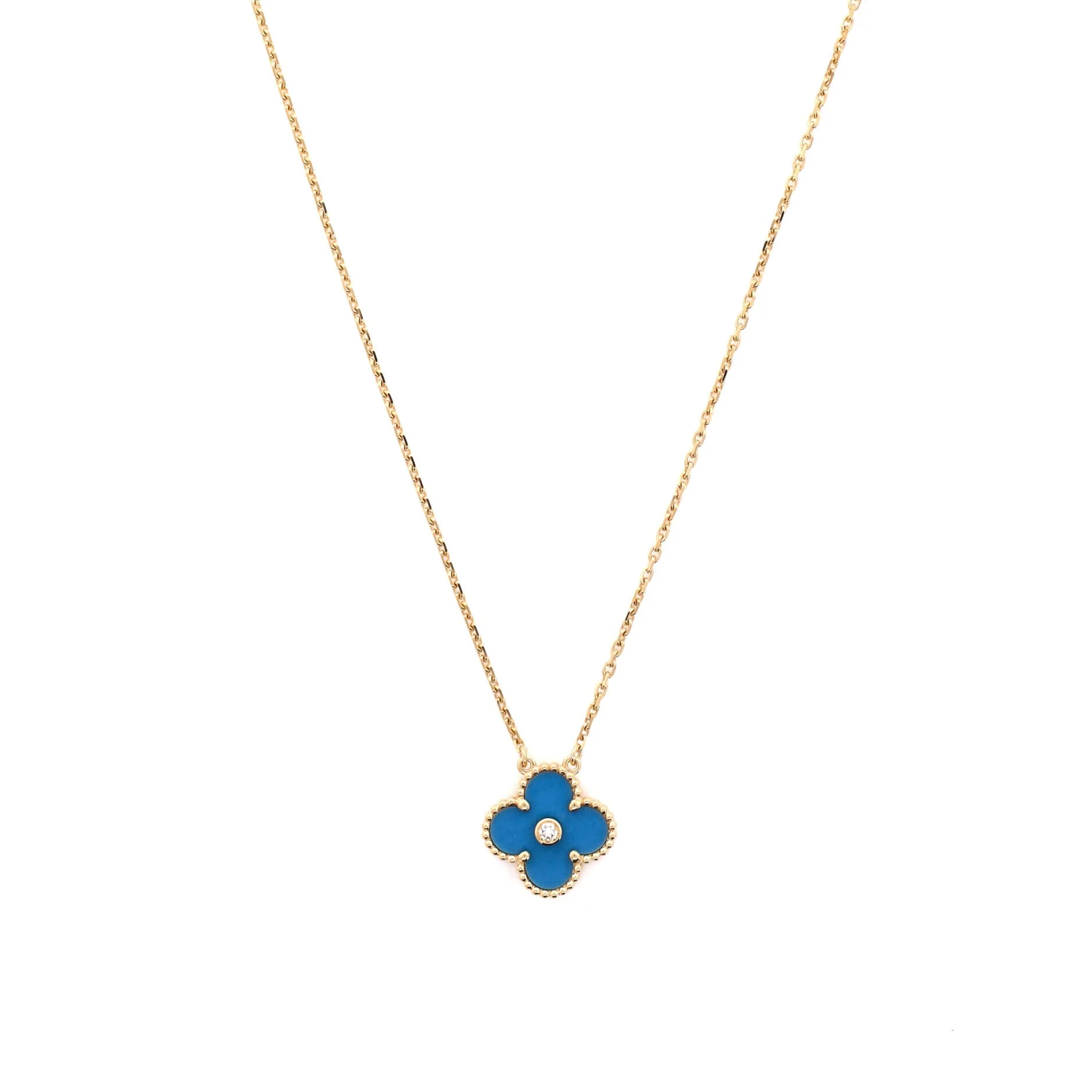 Vintage Alhambra Pendant Necklace 18K Yellow Gold and Blue Sevres Porcelain with Diamond