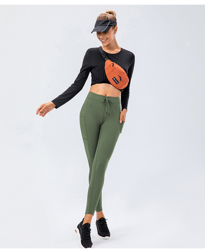 New double-sided brushed yoga pants for women, drawstring, hip-lifting, tight-fitting sports running and fitness long pants.