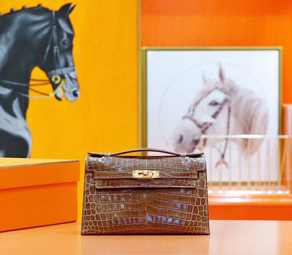 Hermes Mini Kelly Mini Kelly in smoky grey shiny crocodile skin gold buckle  22cm long