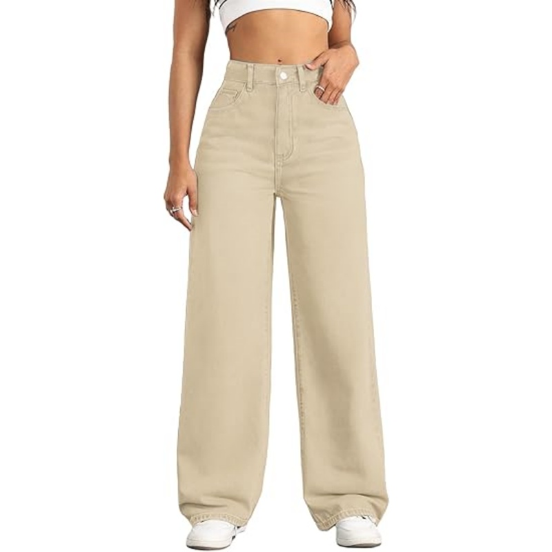 Women's High Waisted Stretchy Straight Leg Jeans, Loose Baggy Boyfriend Wide Leg Denim Pants