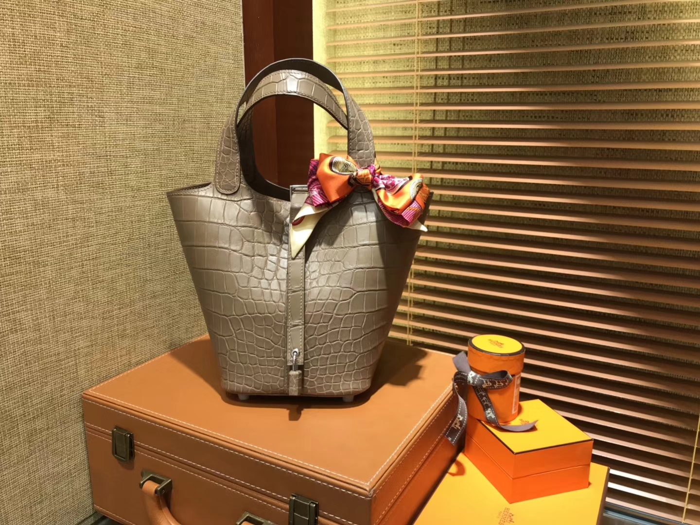 Hermes Piction Basket Bag, Sparrow Grey, Nile Crocodile Skin, 18cm, Fully Hand-Embroidered