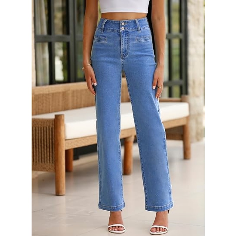 Women's High Waisted Stretchy Straight Leg Jeans, Trendy Loose Wide Leg Denim Pants with Pockets