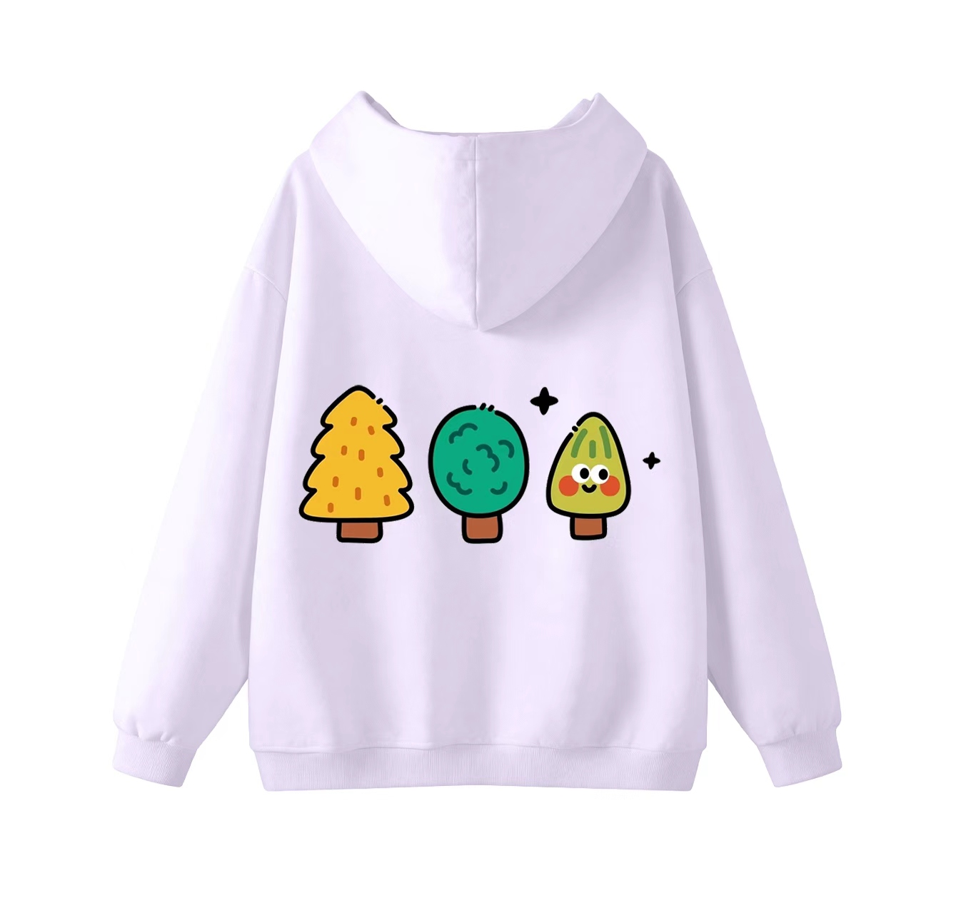 This adorable hooded sweatshirt features a three-tree print and is a casual pullover. Its stand-up collar also makes it an ideal choice for winter wear.