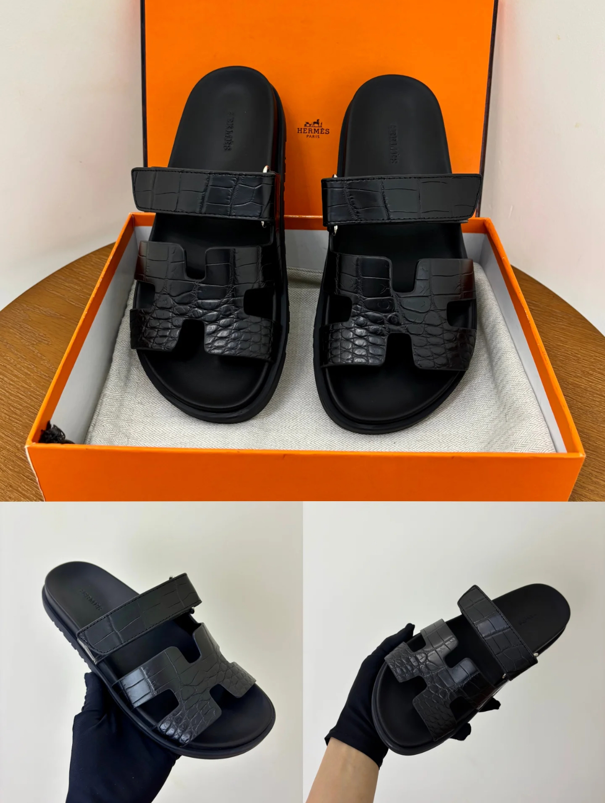 Hermès black crocodile leather slippers