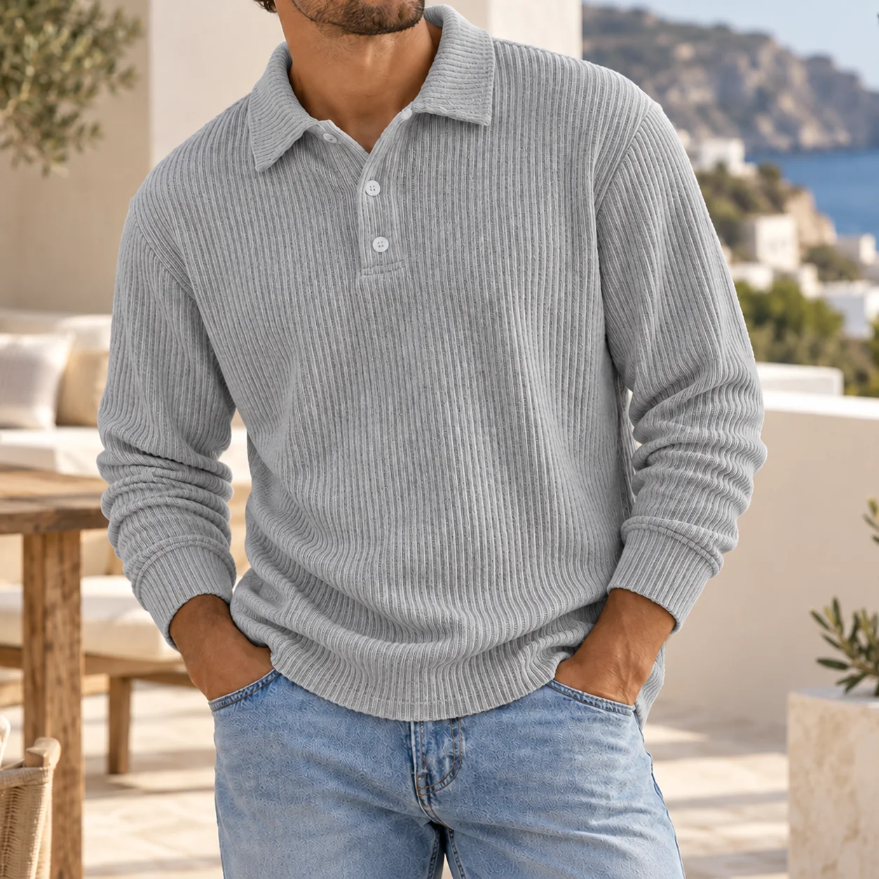 Mivanity Men's Ribbed Knit Polo Sweater Long Sleeve Relaxed Fit Casual Pullover