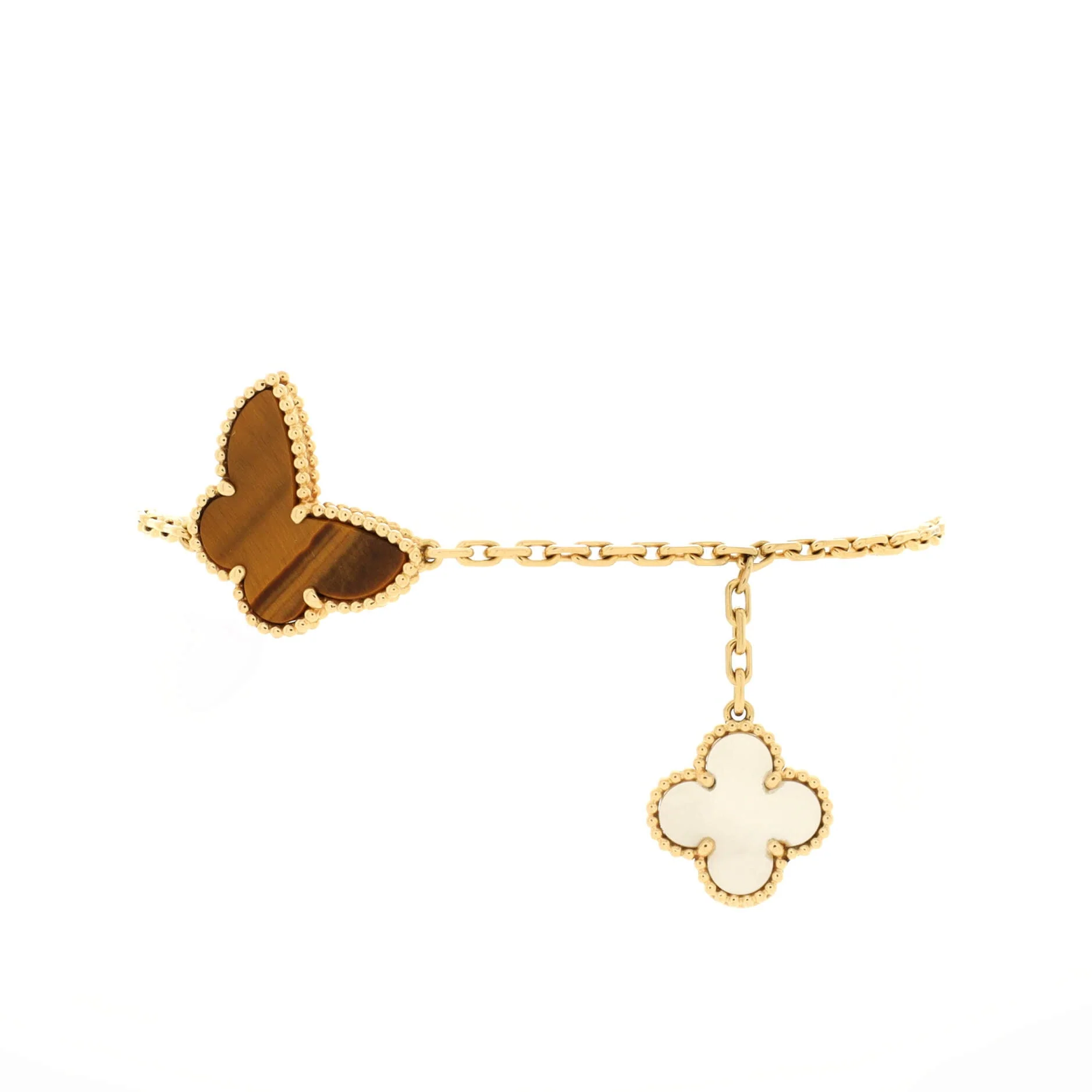 Lucky Alhambra 4 Motifs Bracelet 18K Yellow Gold with Carnelian, Malachite, Mother of Pearl and Tiger Eye