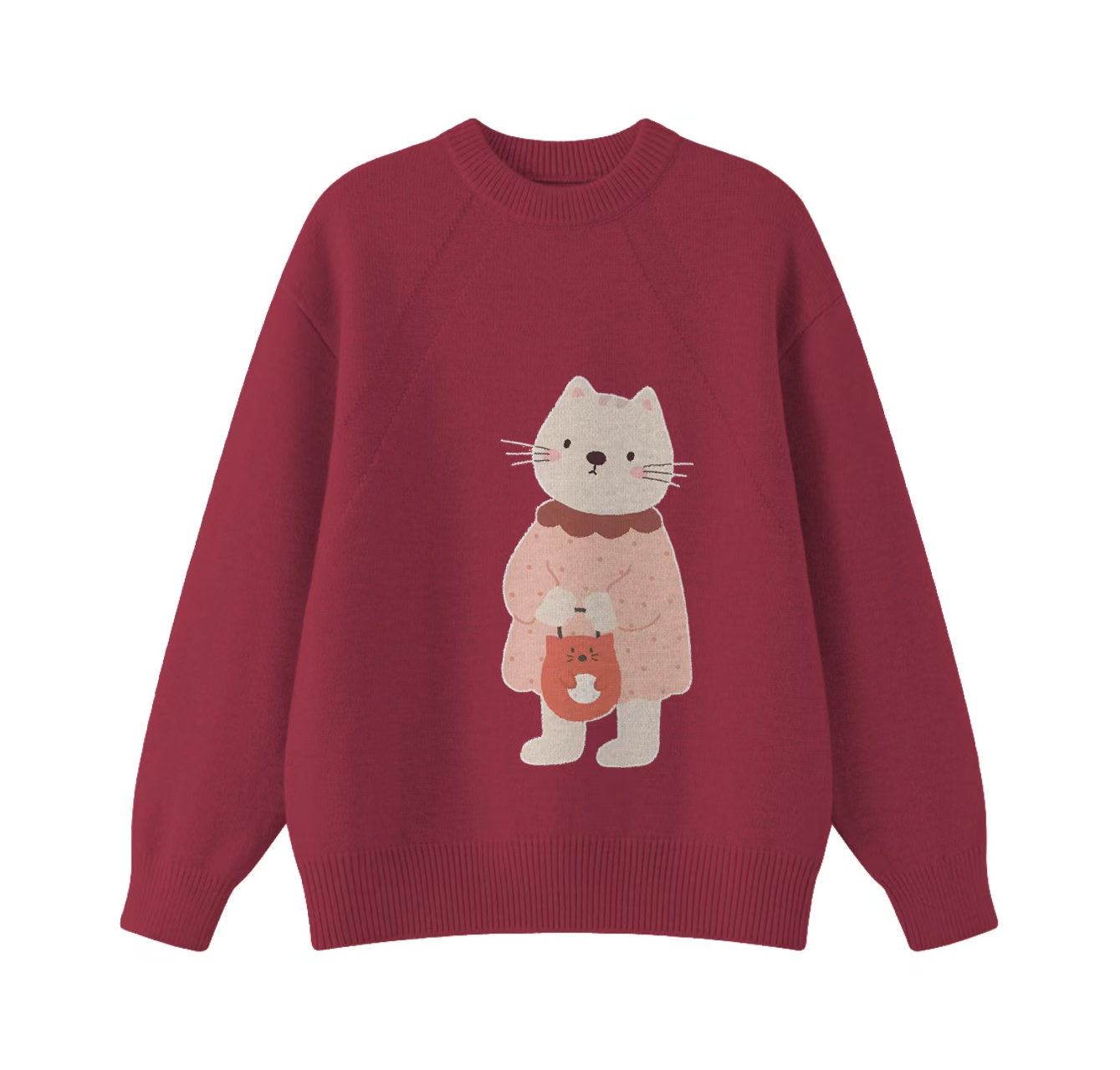 This adorable knit sweater, featuring a cat carrying a bag and a crew neck pullover design, is an ideal choice for winter wear.