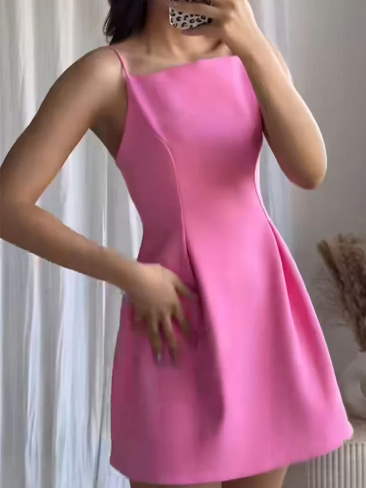 Elegant Ladies Pink Spaghetti Strap Dress 2026 Summer New Simple Style Women Slim Short Dress Party Fashion A-Line Dress