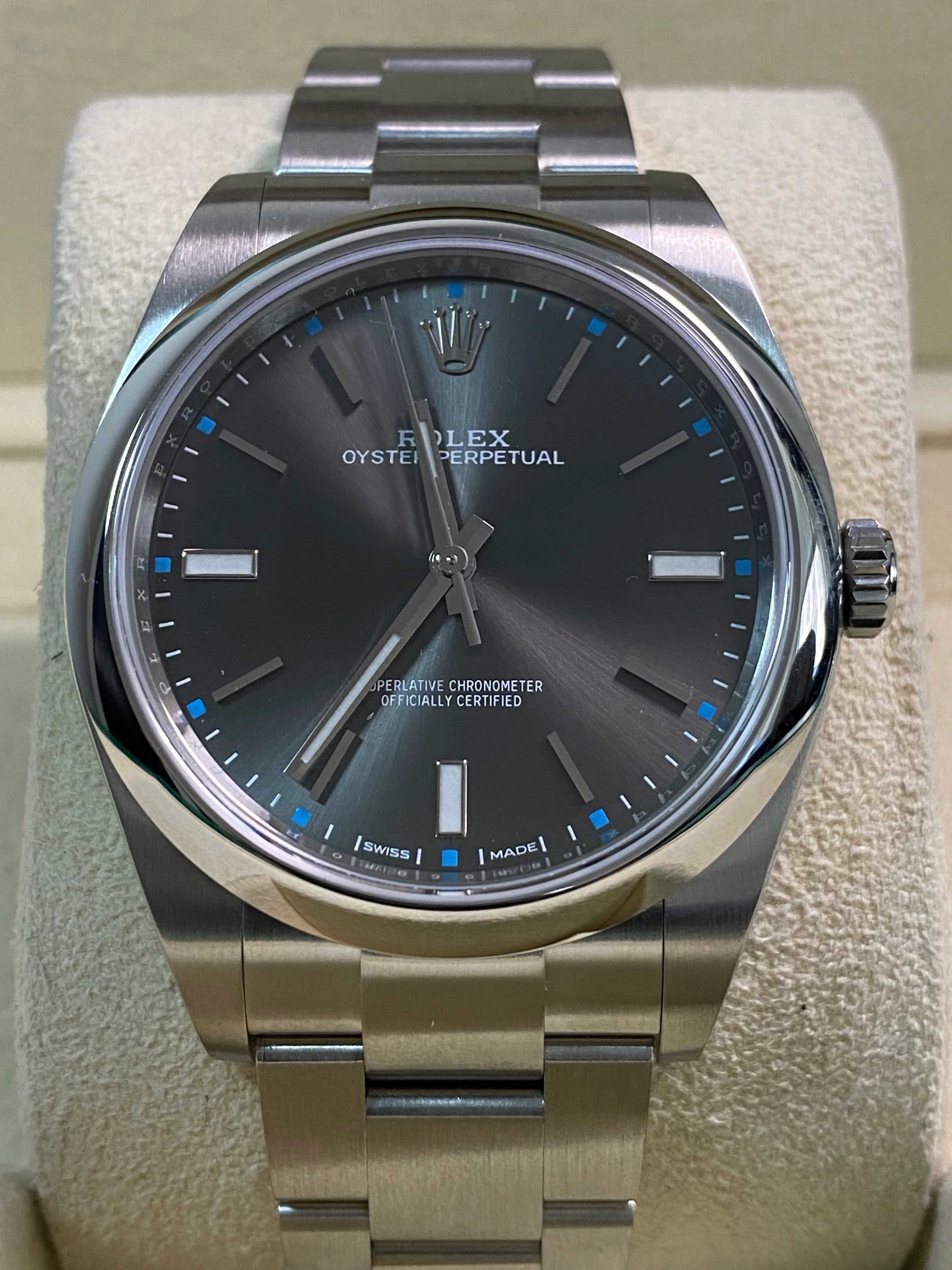 Rolex Oyster Perpetual 39 - 2019 - Domed Bezel - Grey Index Dial - 114300 *FULL STICKERS*