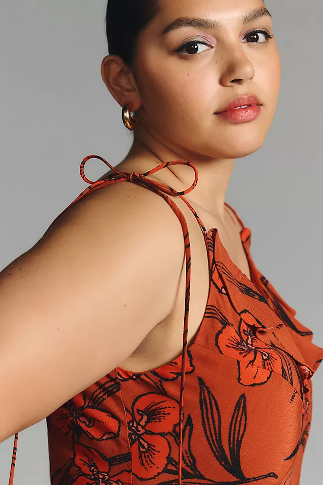 Ruffled V-Neck Slip Dress RED