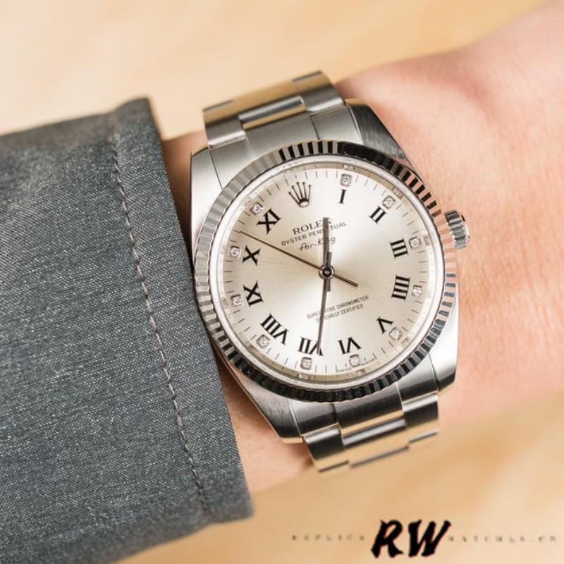 Rolex Oyster Perpetual Air-King 114234 Silver Roman Diamond Dial 41mm Replica Watch
