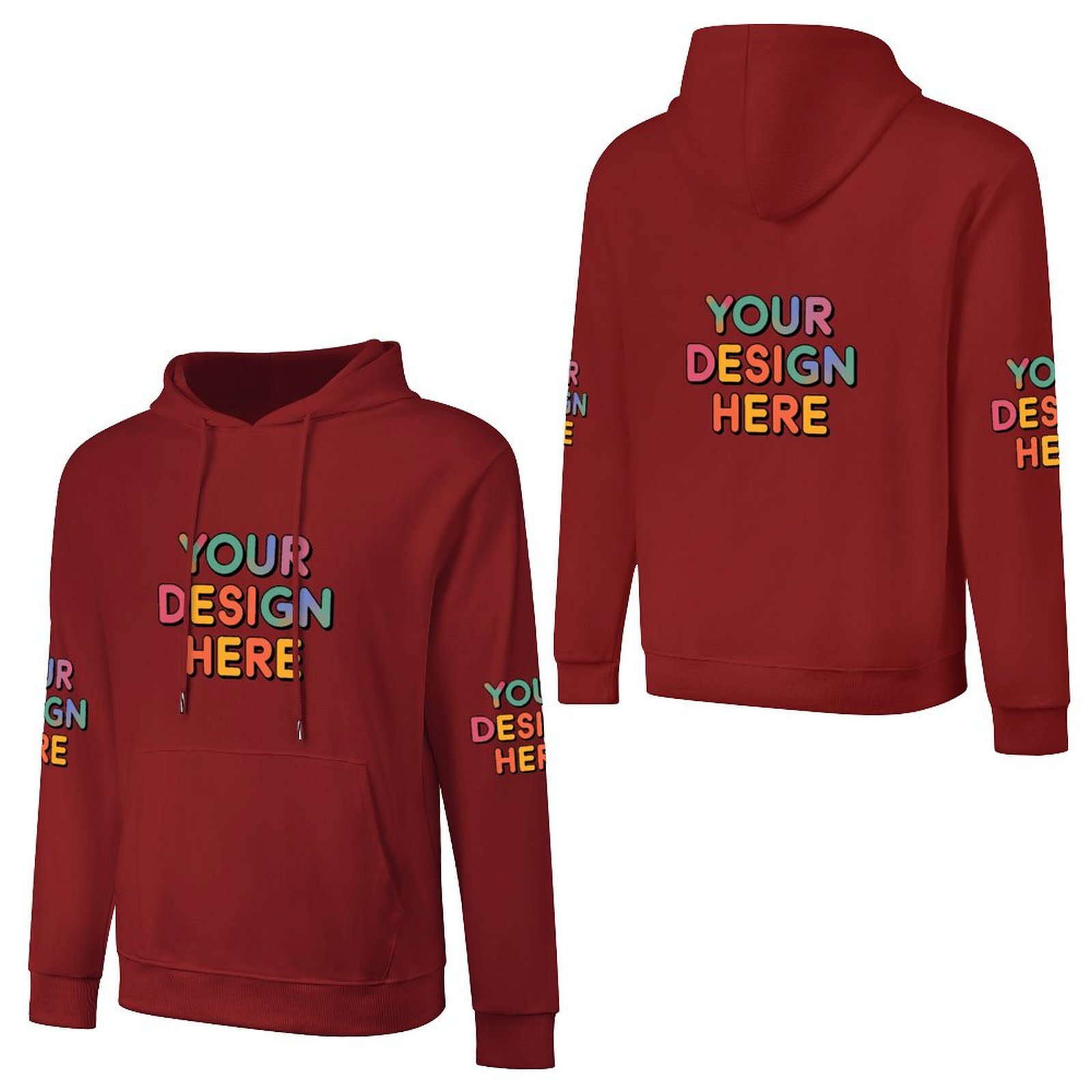 Customized Men’s Fashionable Hooded Sweater with Front, Back, and Sleeve Prints