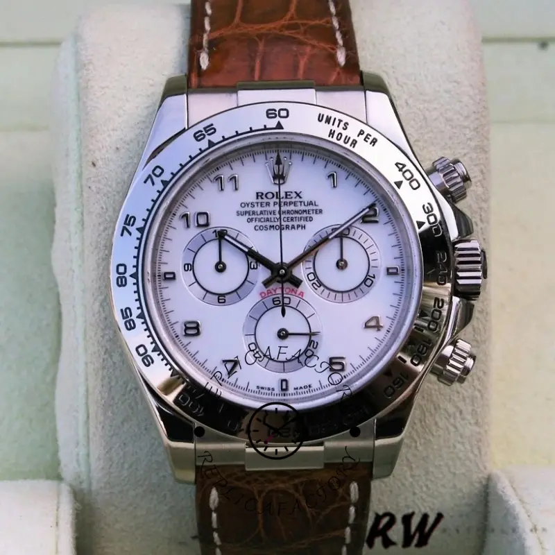 Rolex Daytona 116519 white Arabic dial brown leather strap 40mm Mens Replica Watch