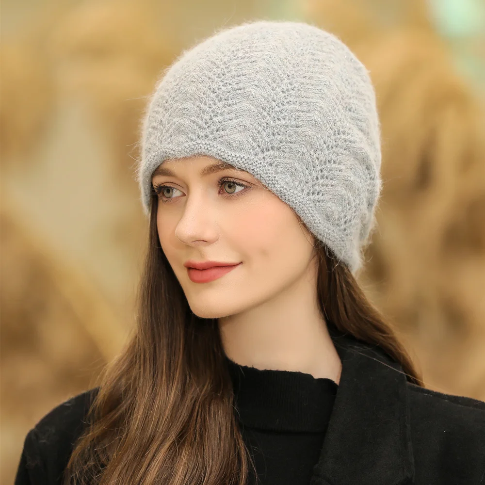 New Women Winter Hat Streetwear Rabbit Fur Blend Warm Cap Fashion Decorate Beanie Hat For Female Casual Knitted Hat