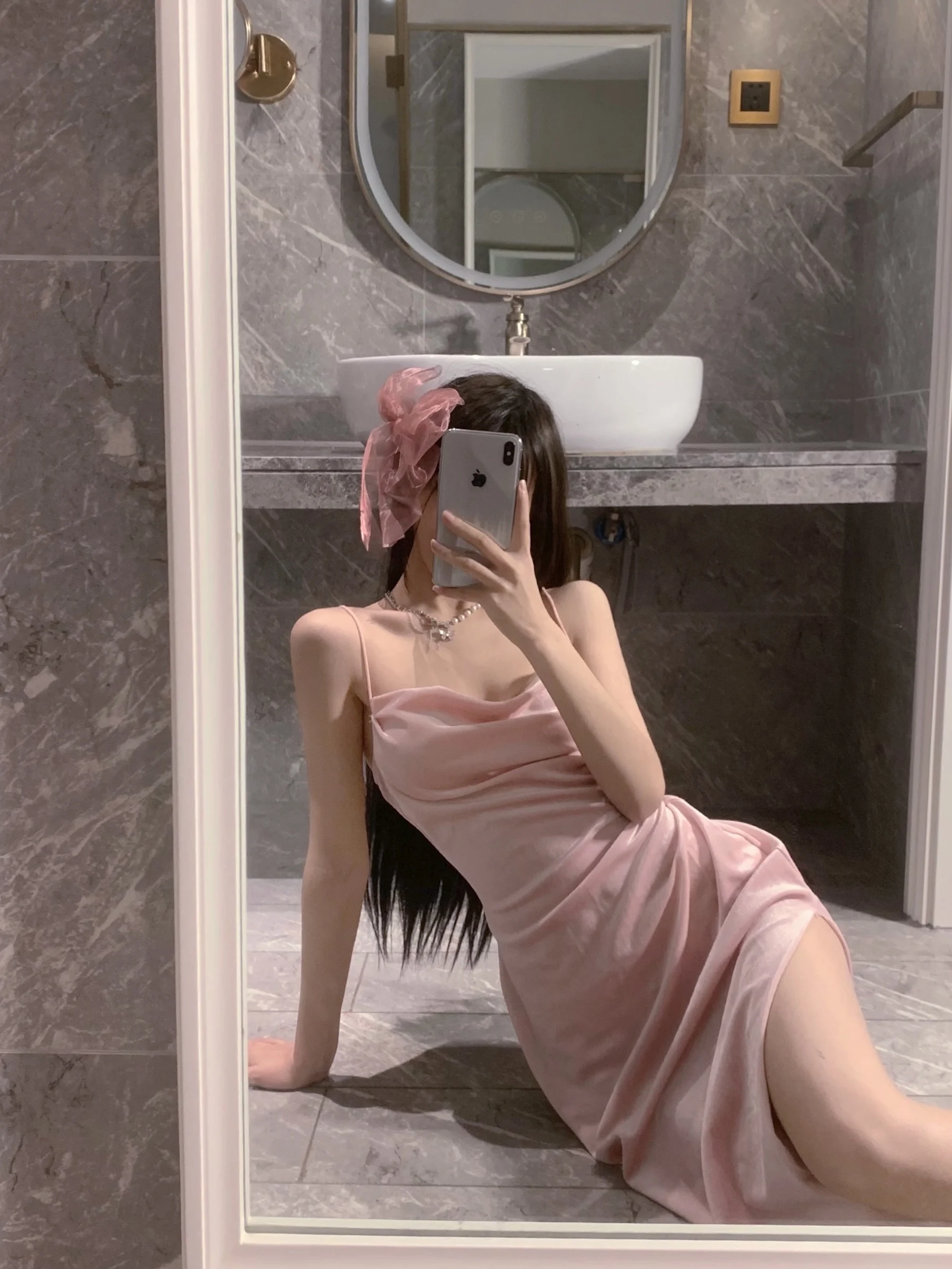2022 Summer Hot Sexy Bright Pink Maxi Dress Long Tank Camisole Robe Low Cut Hot Sexy Korean Women Robe Sweet O8EY