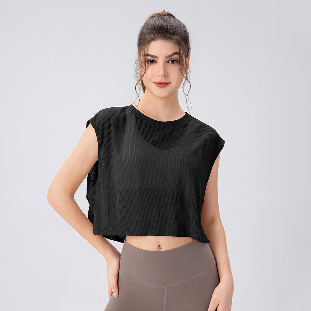 Summer Yoga Cover-up Women's Hollow-Out Breathable Sleeveless Top Short Loose Running Sports Fitness Cover-up