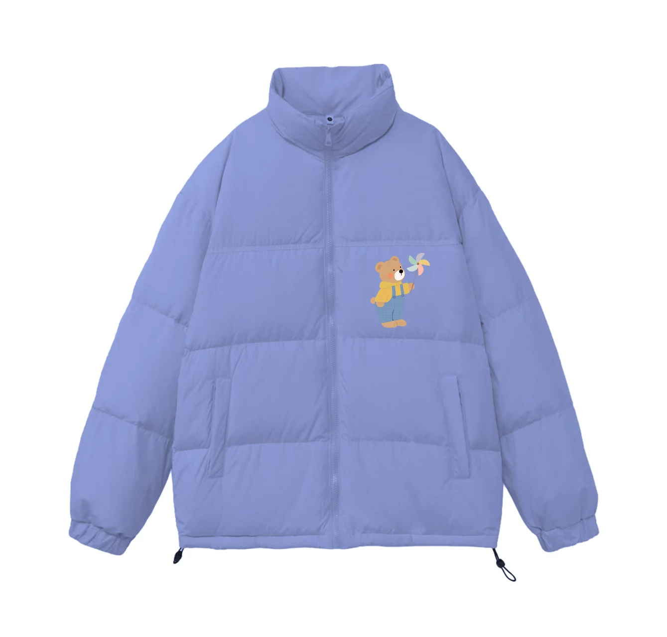 This down jacket, featuring a bear holding a windmill, is a must-have for your summer wardrobe. Its stand-up collar design also makes it perfect for winter wear.