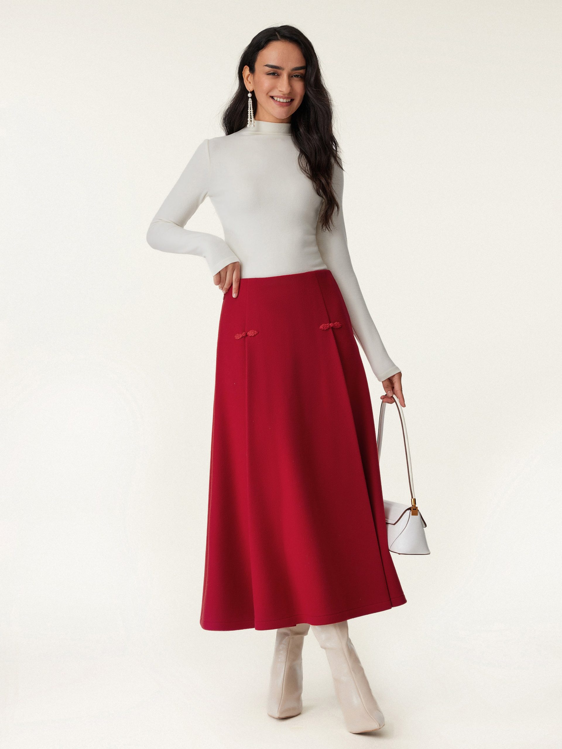 Wool-like Frog Button A-Line Midi Skirt