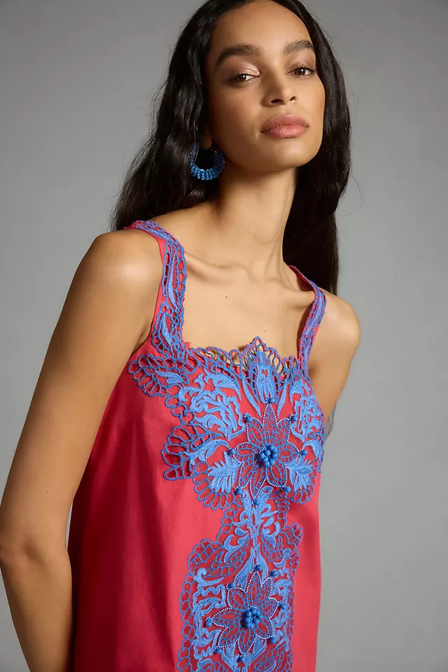 Square-Neck Embroidered Shift Dress RED