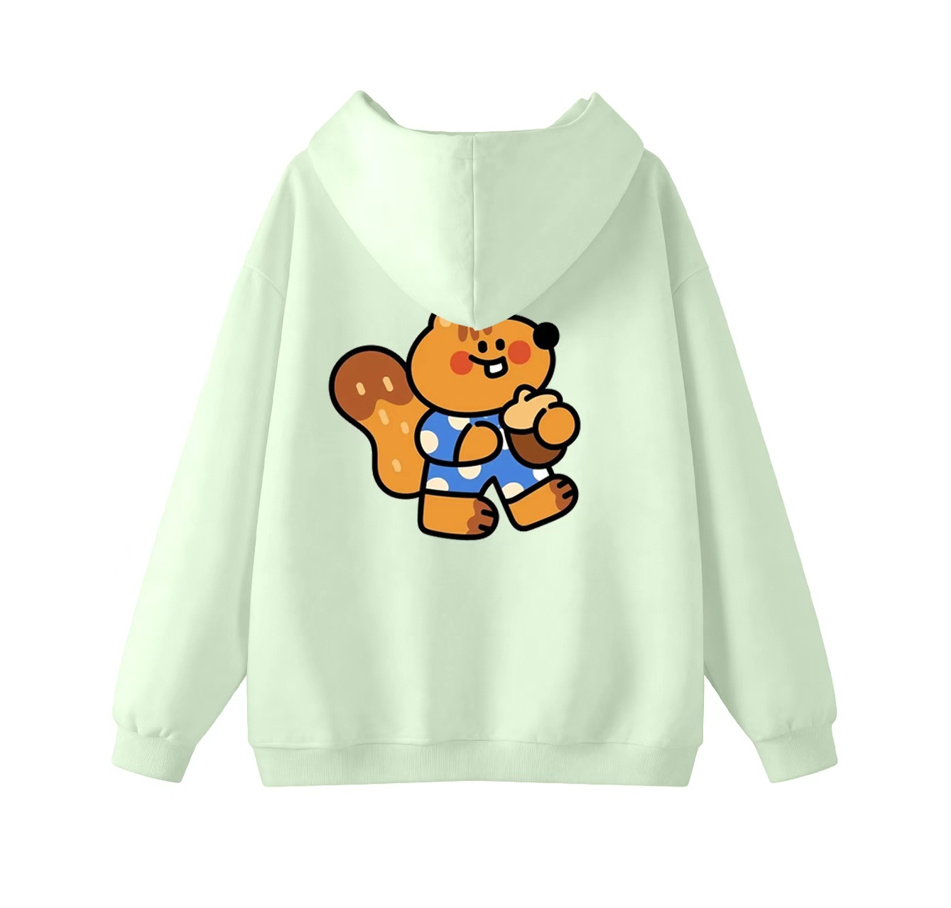 This adorable hooded sweatshirt features a squirrel eating a pine cone and is a casual pullover. Its stand-up collar also makes it an ideal choice for winter wear.