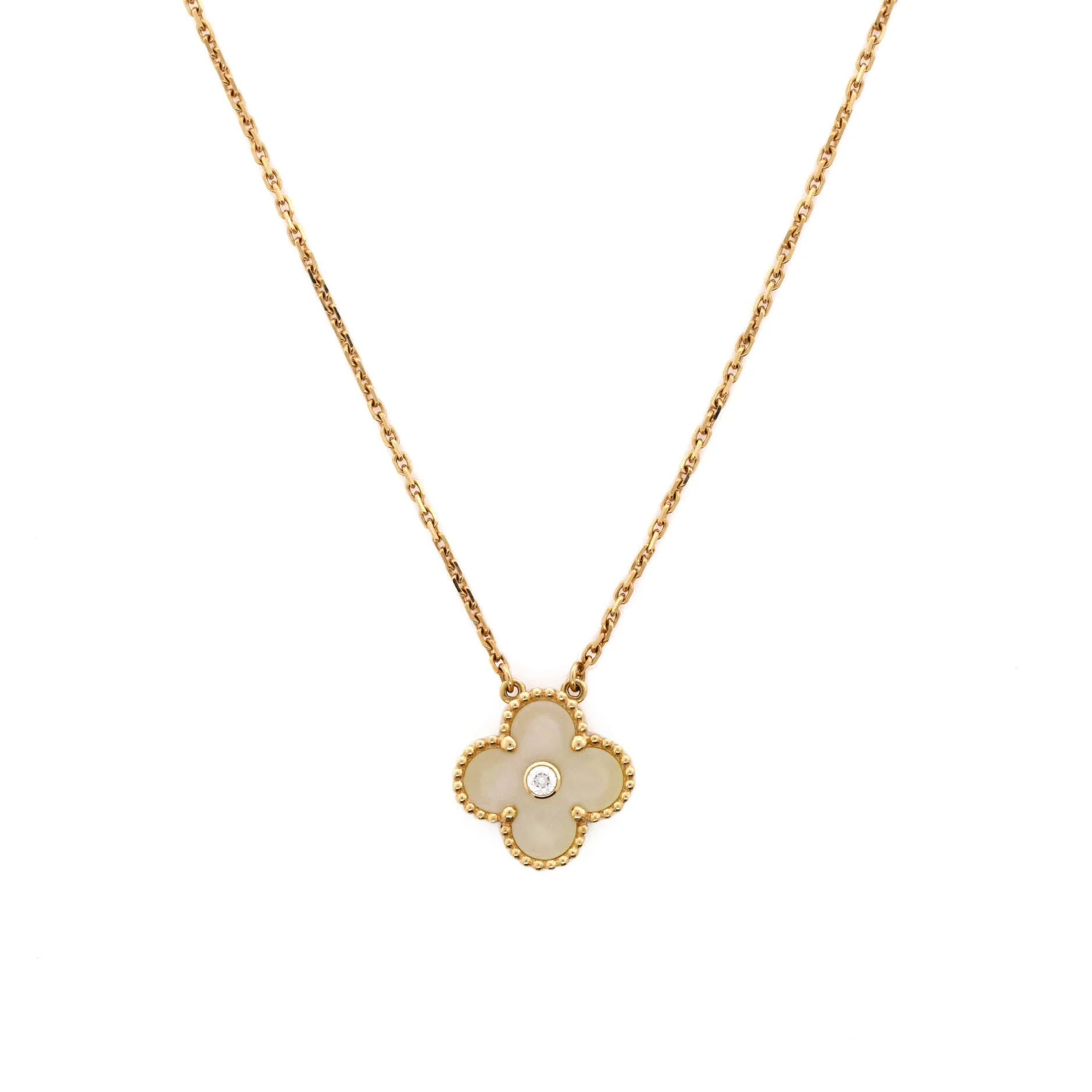 Vintage Alhambra Pendant Necklace 18K Yellow Gold and Gold Mother of Pearl with Diamond