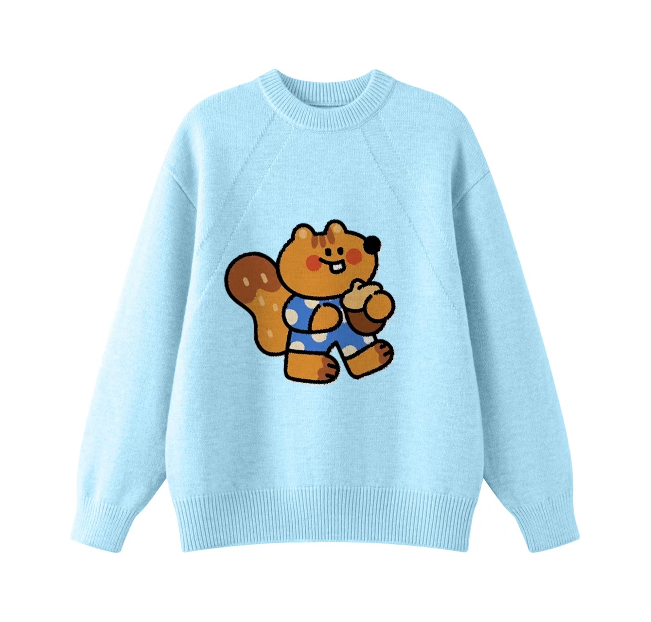 This adorable knit sweater features a squirrel eating a pine cone pattern and is a crew neck pullover style. Its design also makes it an ideal choice for winter clothing.