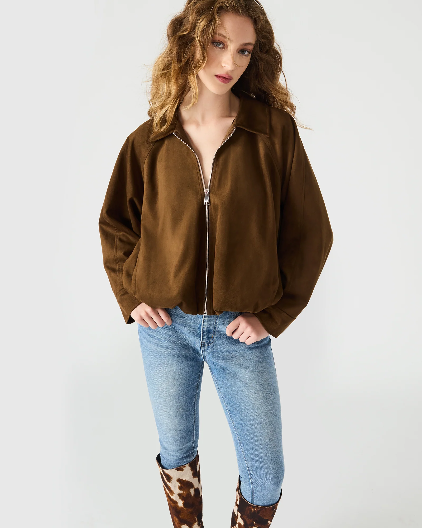 Chestnut Brown Zip‑Up Collared Casual Outerwear Jacket