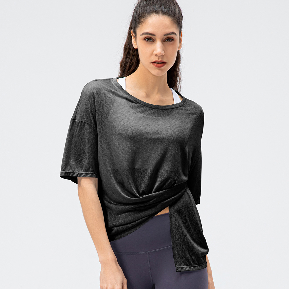 New Spring/Summer Women's Loose-fitting Sports Cover-up, Lightweight and Breathable Running T-shirt, Slit, Quick-drying Yoga Short-sleeved