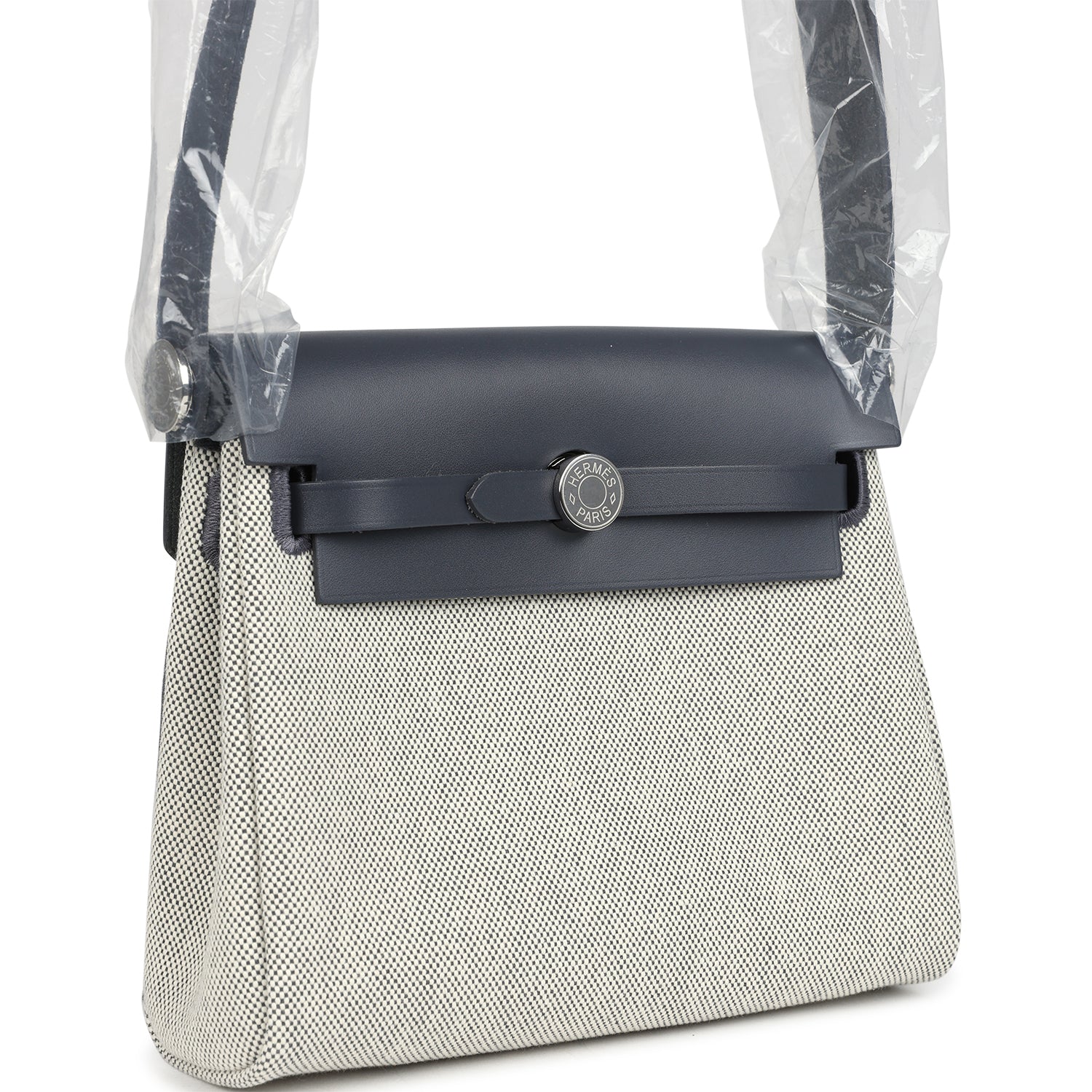 Hermes Herbag Zip 20 Mini Ecru and Ardoise Toile H Canvas and Ardoise Vache Hunter Palladium Hardware