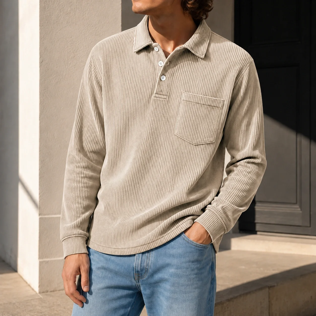 Mivanity Men's Simple Daily Pitted Textured Lapel Long-sleeved Polo Shirts