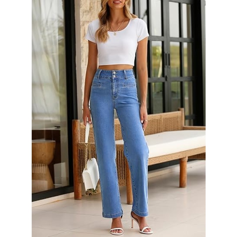 Women's High Waisted Stretchy Straight Leg Jeans, Trendy Loose Wide Leg Denim Pants with Pockets