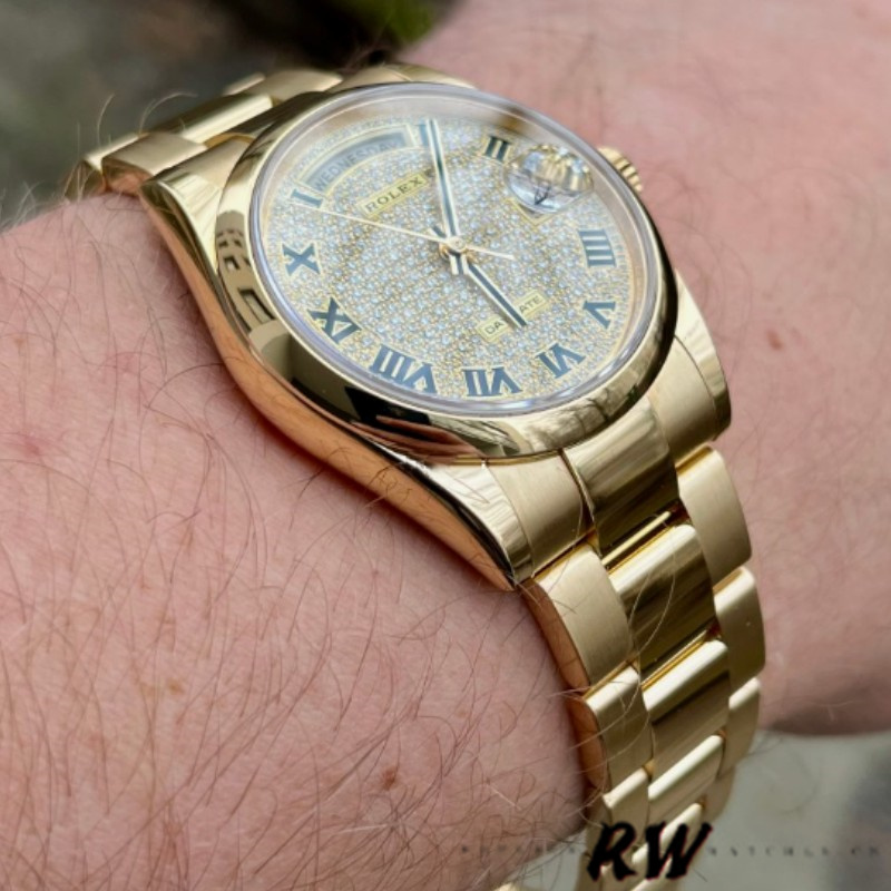 Rolex Day-Date 118238 Yellow Gold Pave diamond dial 36mm Unisex Replica Watch