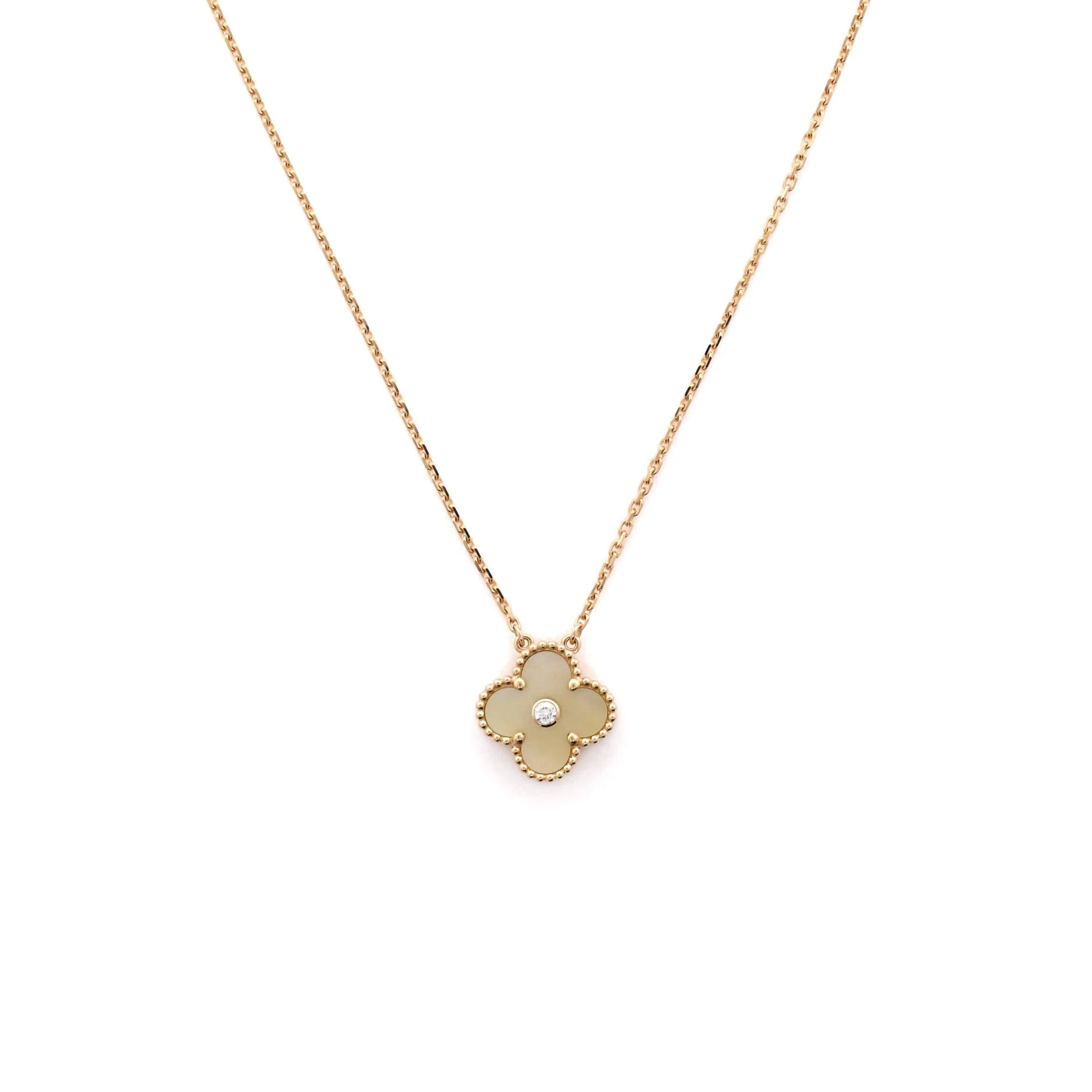 Vintage Alhambra Pendant Necklace 18K Yellow Gold and Gold Mother of Pearl with Diamond