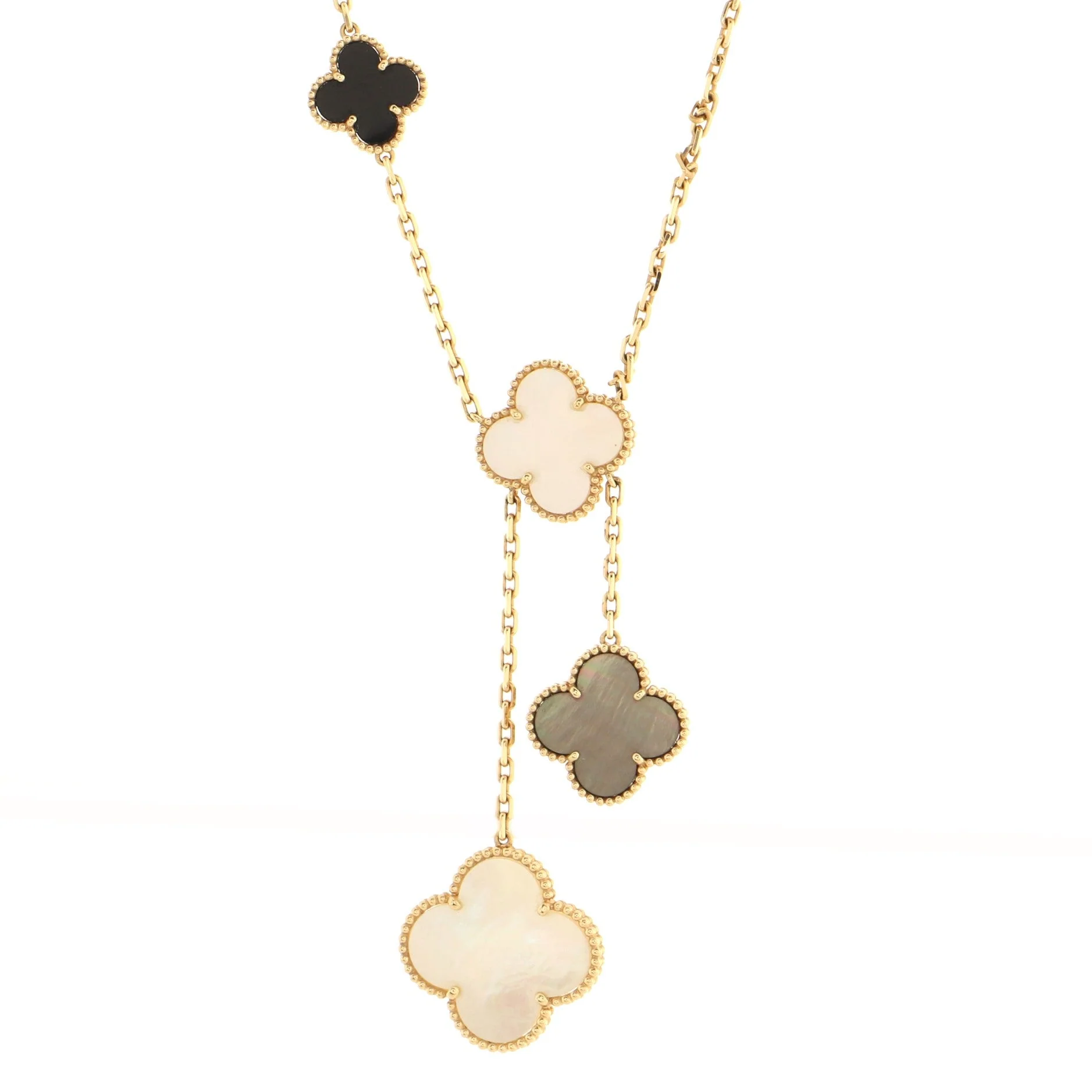 Magic Alhambra 6 Motifs Necklace 18K Yellow Gold and Mother of Pearl with Onyx