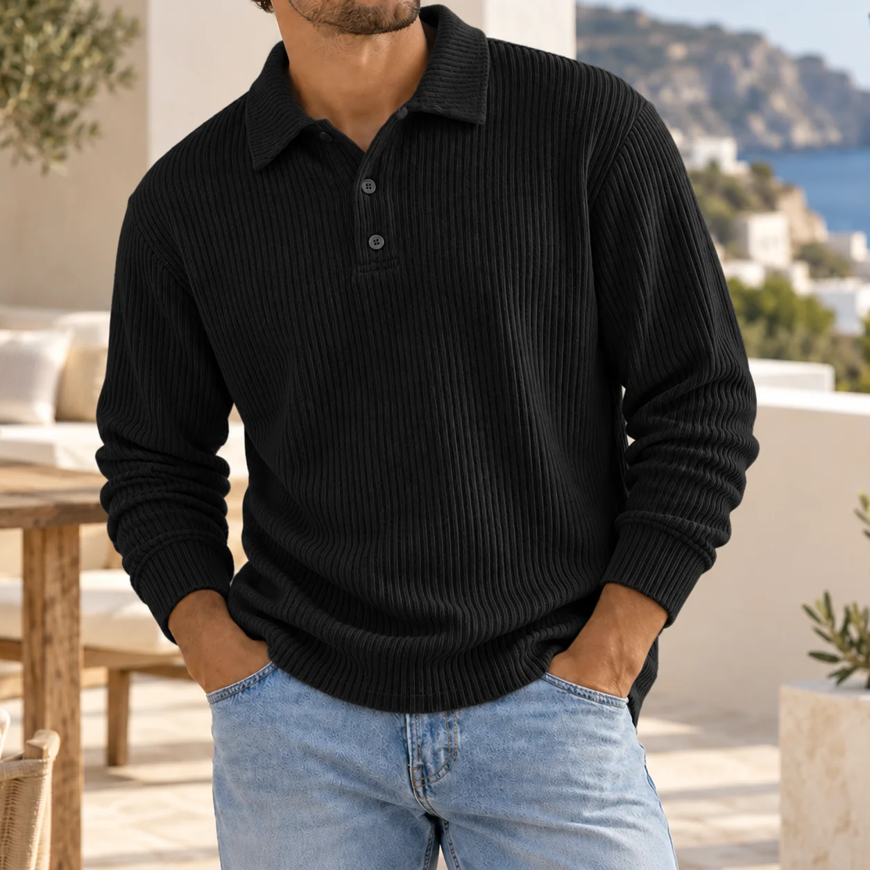 Mivanity Men's Ribbed Knit Polo Sweater Long Sleeve Relaxed Fit Casual Pullover