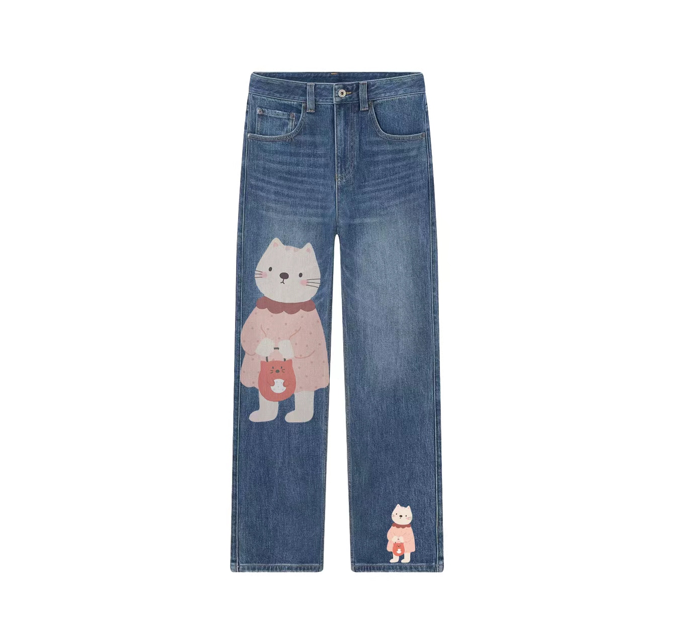 A pair of jeans with a cat handbag pattern—a wardrobe essential.