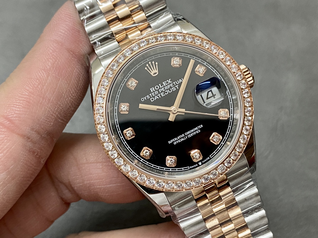 Rolex Datejust 36 Steel & Everose Gold Black Dial Diamond Bezel m126281rbr 0007