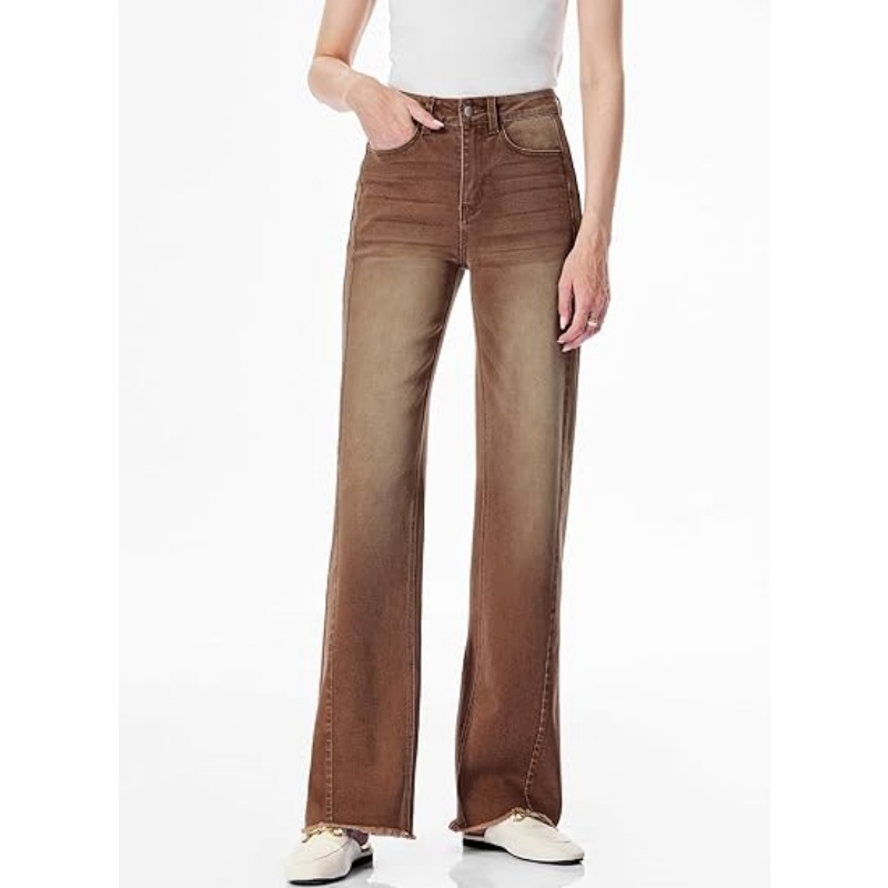 Women's High Waisted Stretchy Wide Leg Jeans, Raw Hem Denim Pants