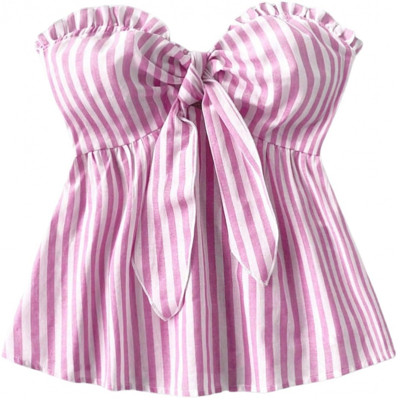 AURETOP Women's Striped Bandeau Shirt Bow Knot Frill