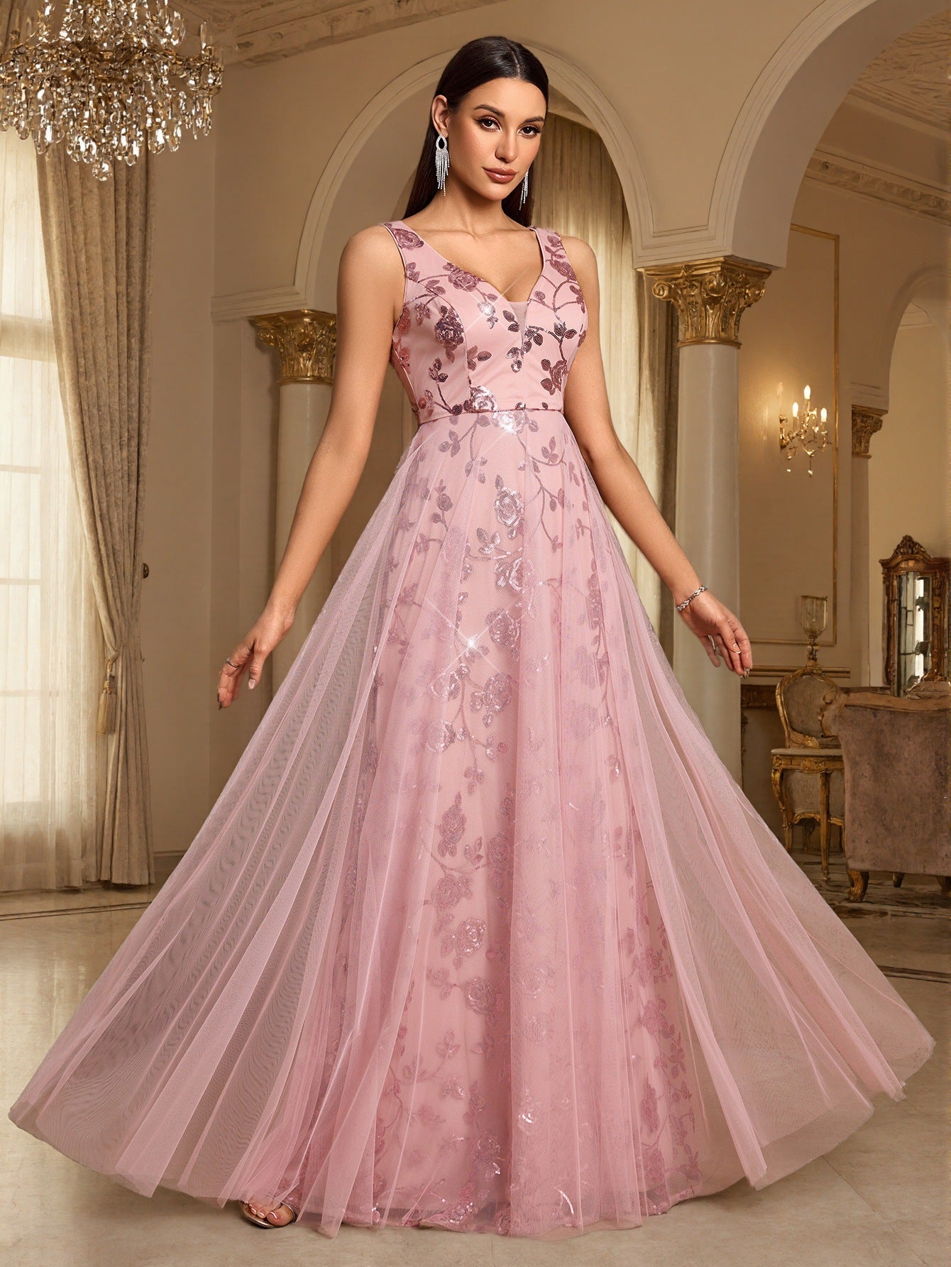 Pink Sequin Floral A-line Formal Dress XF251365