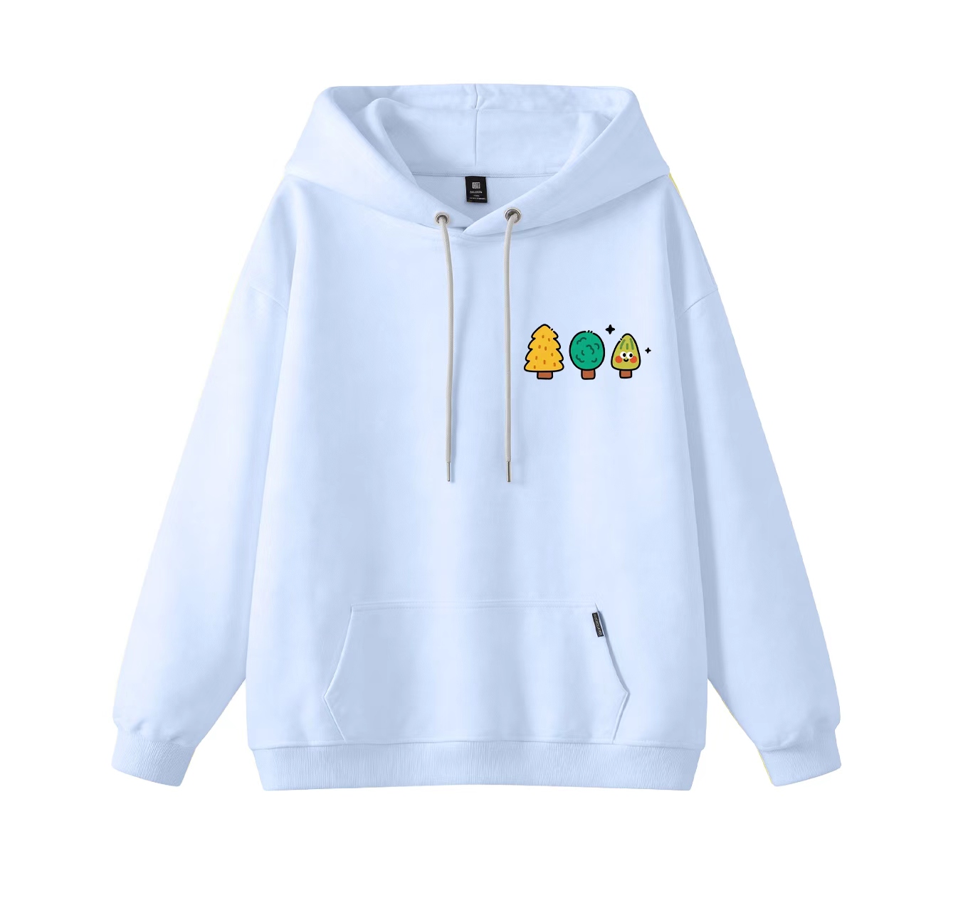 This adorable hooded sweatshirt features a three-tree print and is a casual pullover. Its stand-up collar also makes it an ideal choice for winter wear.