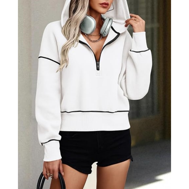 Women's Fall Half Zip Cropped Hoodie Sweatshirt, Fleece Lined Long Sleeve Pullover