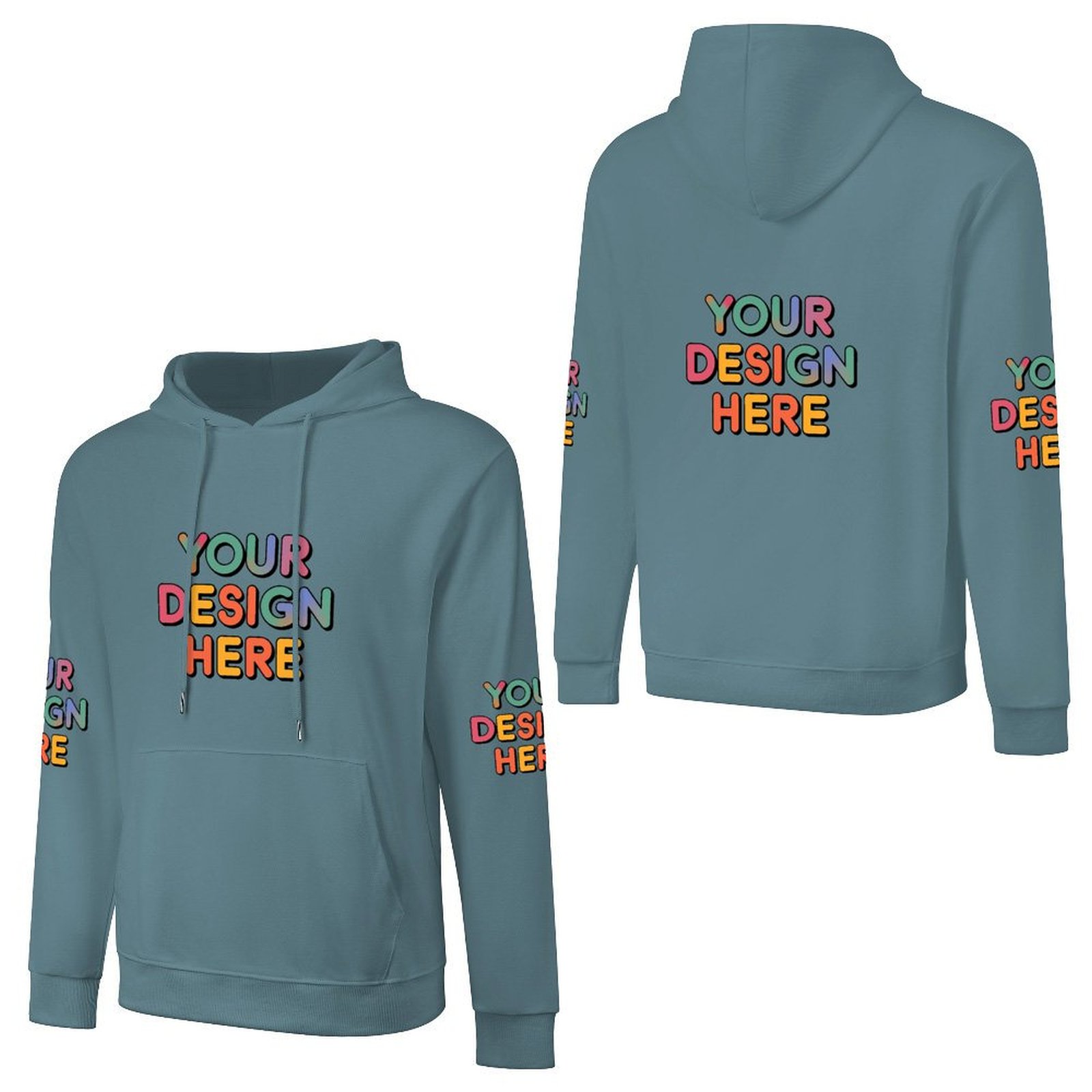 Customized Men’s Fashionable Hooded Sweater with Front, Back, and Sleeve Prints