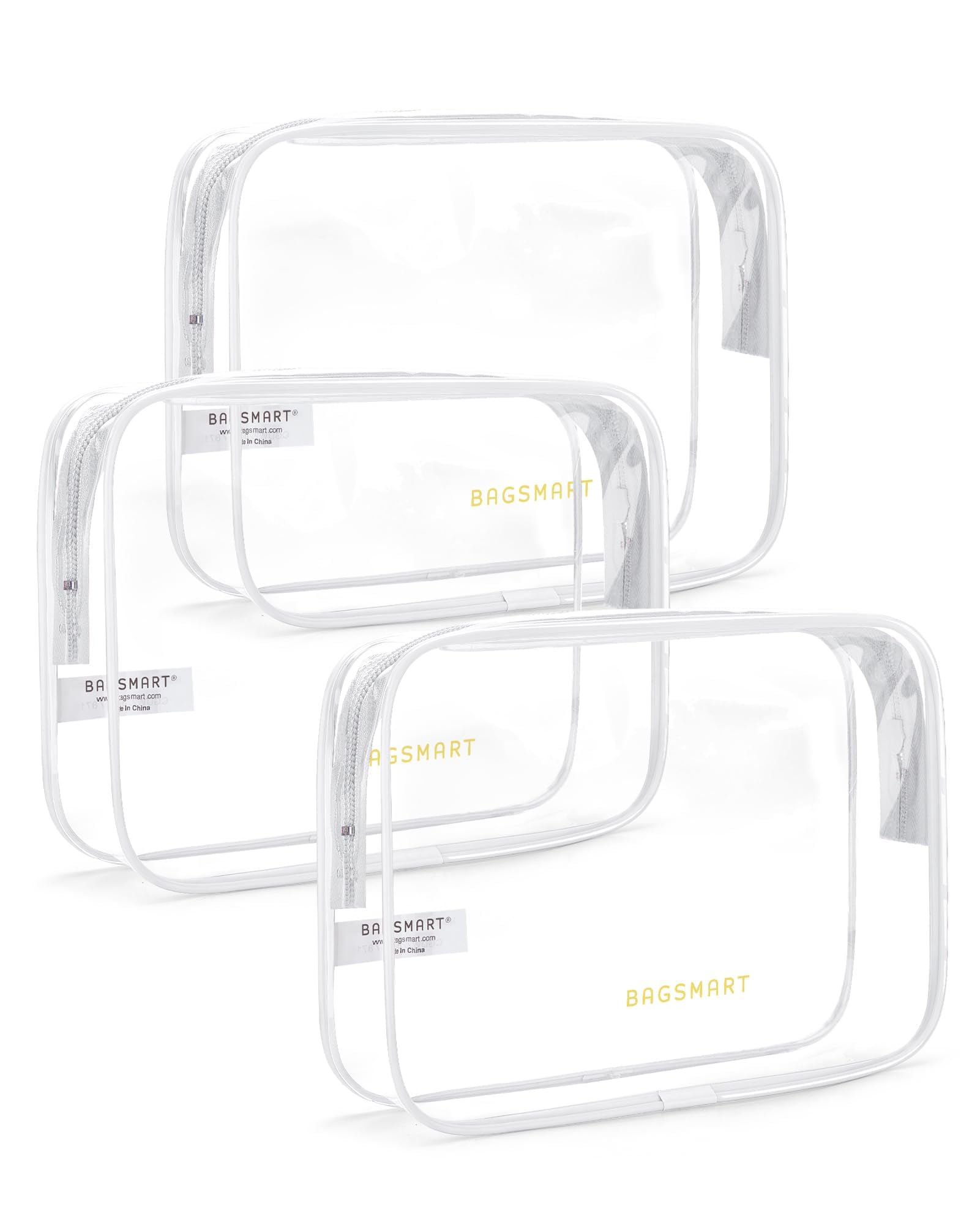 BAGSMART Clear Toiletry Bag, 3 Packs TSA Approved Water resistant Quart Size Travel Organizer, Airport Airline Travel Essential Carry On Makeup Cosmetic Bags for Women, Cloud White