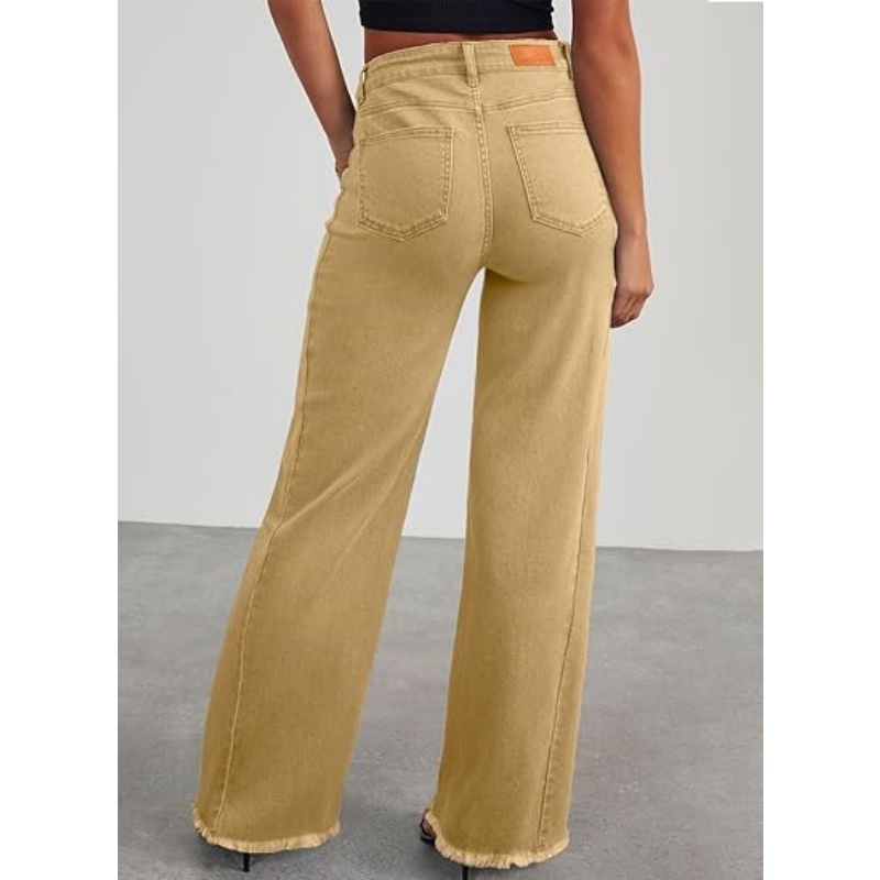 Women's High Waisted Stretchy Wide Leg Raw Hem Denim Jeans